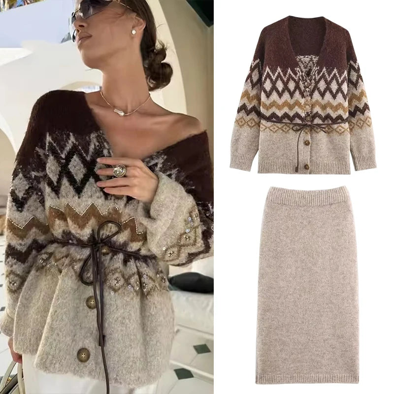 Women Knitted Midi Skirts Two Piece Sets