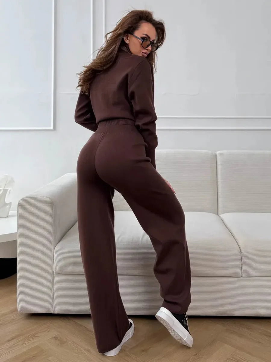 Women's New Autumn Winter Zip Up Knit Set Trendy Slim Fit Cardigan Pants Chic Commuting Sweater Outfit 2 Pieces Sets