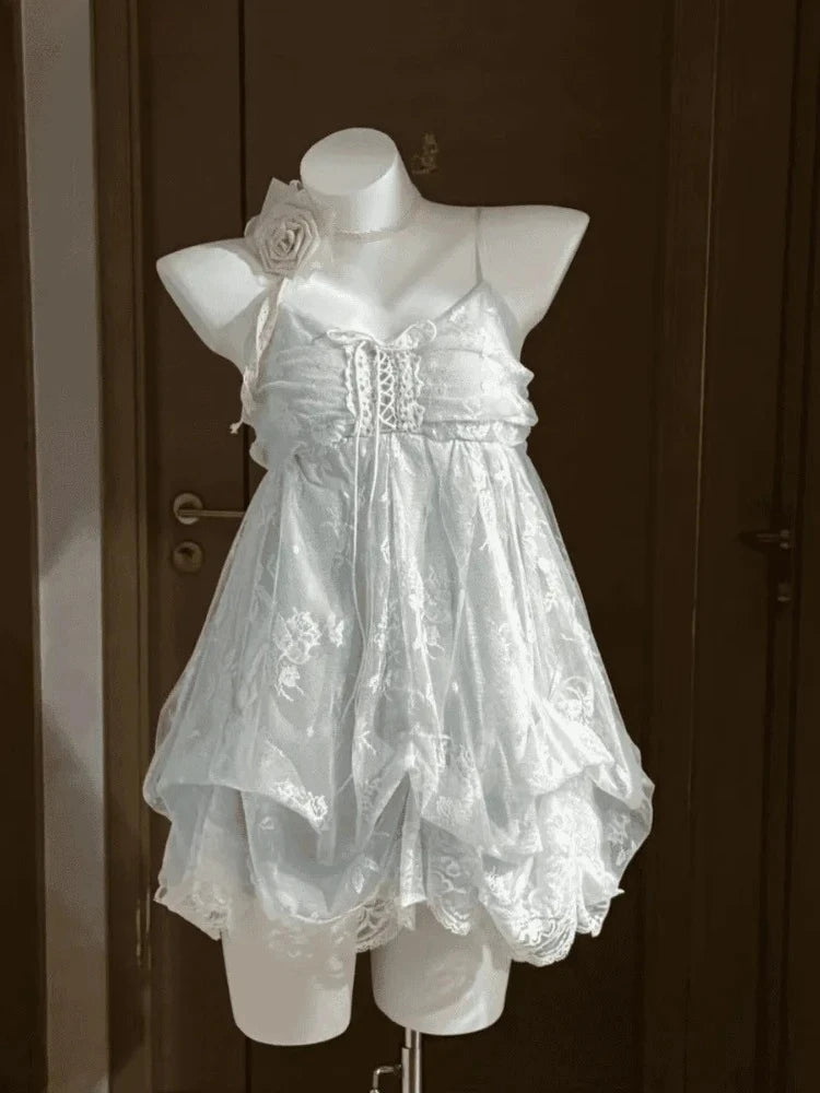 New Vintage Summer Women Sets Elegant Ruffle Lace Chiffon Design Mini Skirt Suit Fairy Female Sweet Korean Fashion Outfits 2025