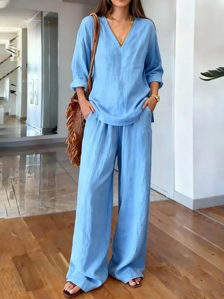 Casual Cotton Pants Sets Women Summer 2026 Fashion Long Sleeve V-neck Loose Tops 2 Piece Set Woman Outfits Elegant