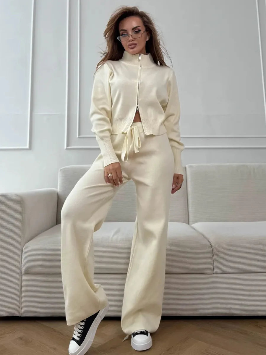 Women's New Autumn Winter Zip Up Knit Set Trendy Slim Fit Cardigan Pants Chic Commuting Sweater Outfit 2 Pieces Sets