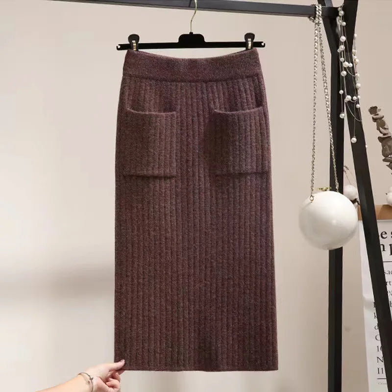 High Waist Knitted Mid-Calf Elastic Skirt