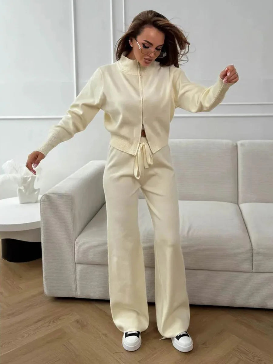 Women's New Autumn Winter Zip Up Knit Set Trendy Slim Fit Cardigan Pants Chic Commuting Sweater Outfit 2 Pieces Sets