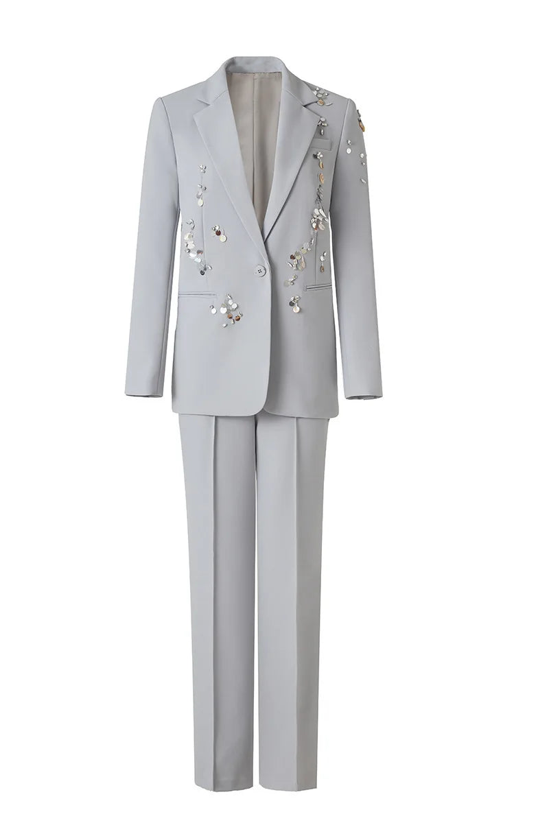 Luxury 2025 Spring Color Sequins Two Piece Matching Set Women's Full Sleeve Blazers Long Pants 2pcs Formal Occasions Suit Coats